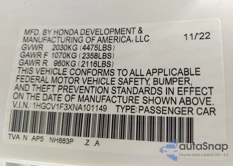 2022 Honda Accord Sport из США, поврежденный, VIN 1HGCV1F3XNA101149